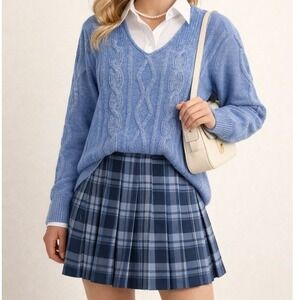 St Johns Bay Blue Chunky Cable Knit V Neck Preppy Sweater XL‎